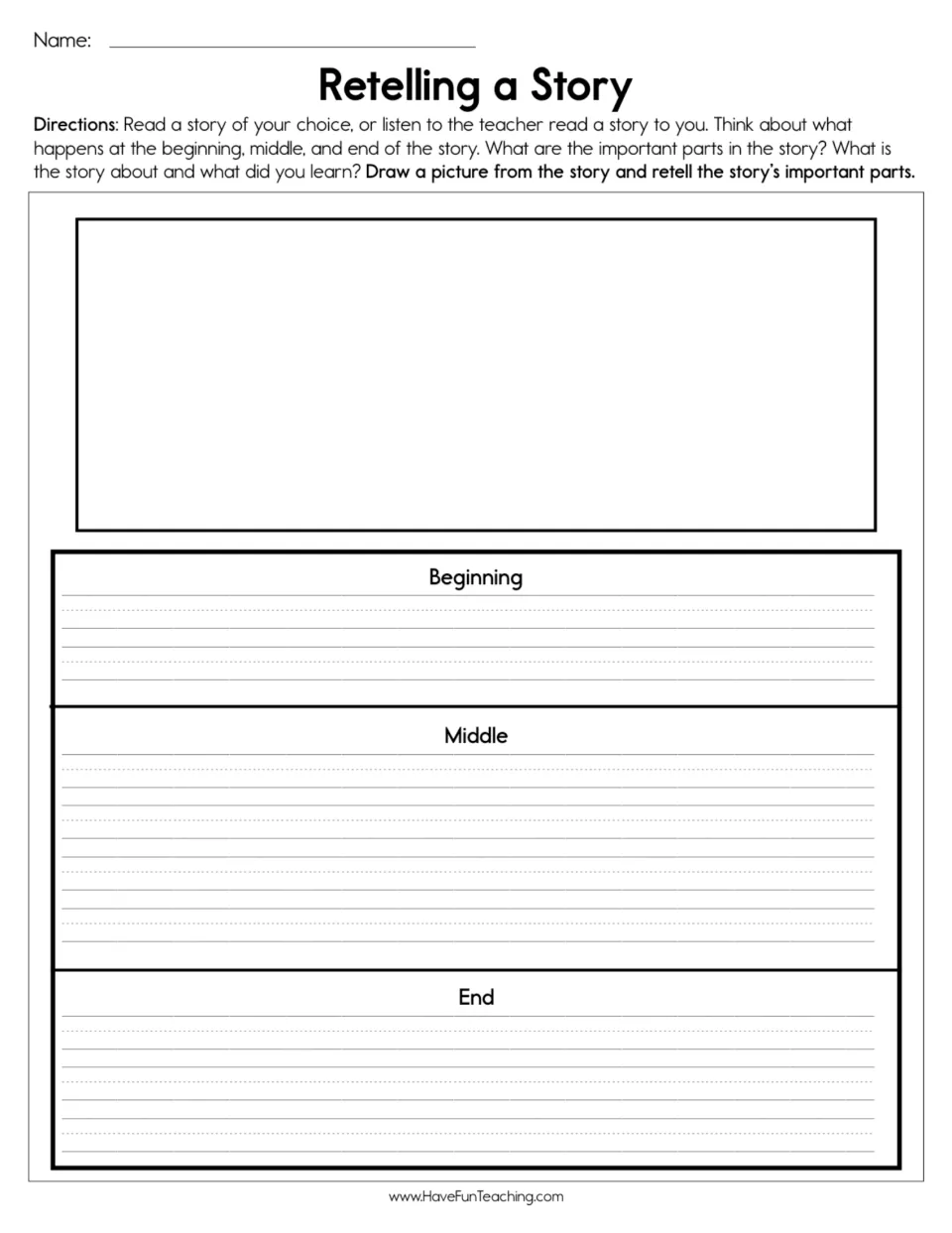 Retelling a story: students draw a picture from a chosen story, then write what happens at the beginning, middle and end