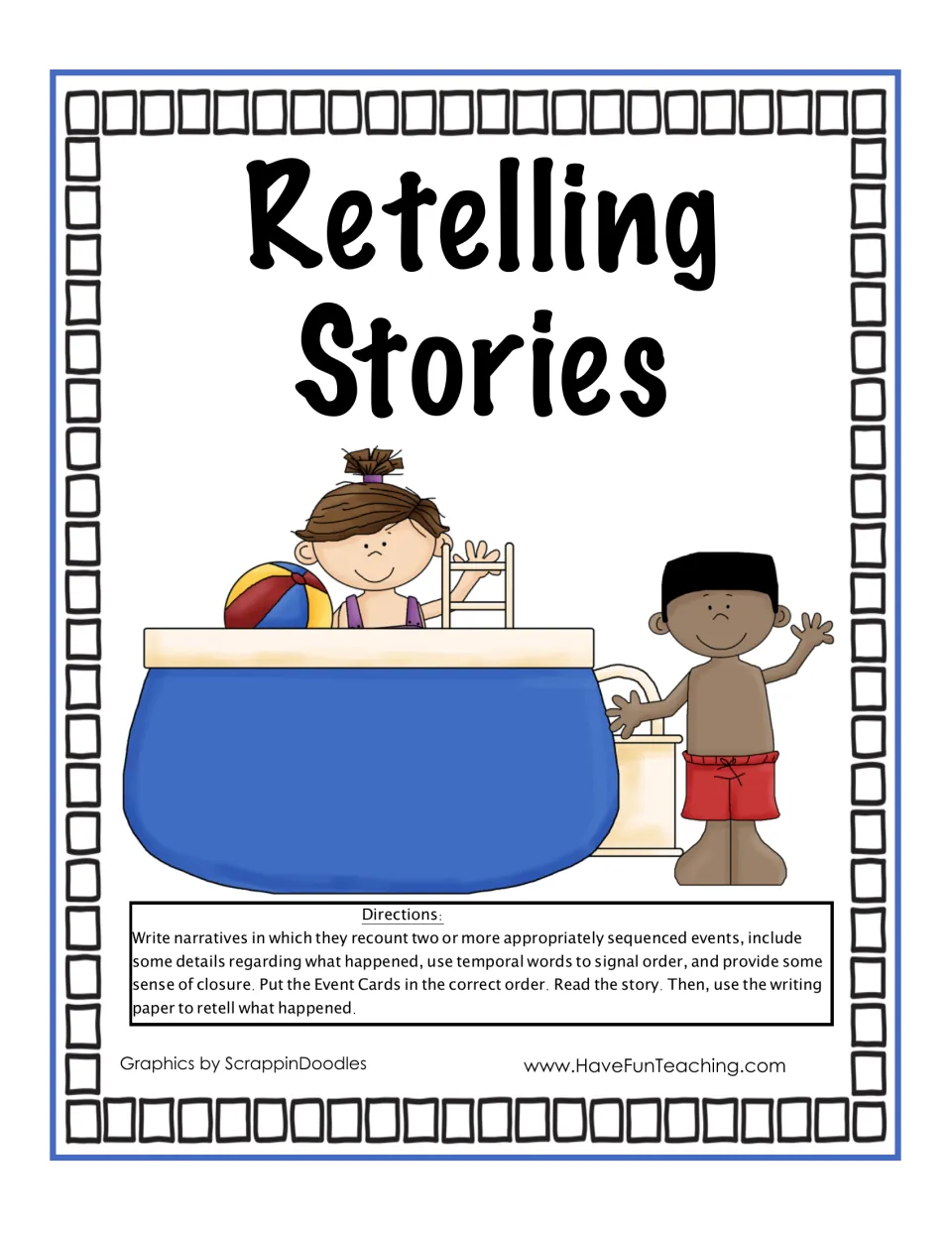 Retelling Stories cover: Kim and Kenny by a pool, with directions to order event cards, read the story and retell it