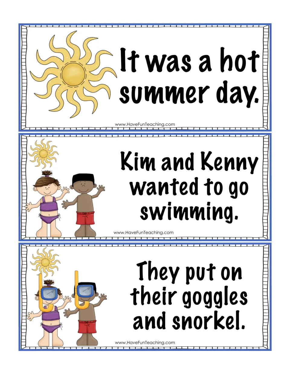 Swimming story event cards: a hot summer day, Kim and Kenny want to swim, they put on goggles and snorkels