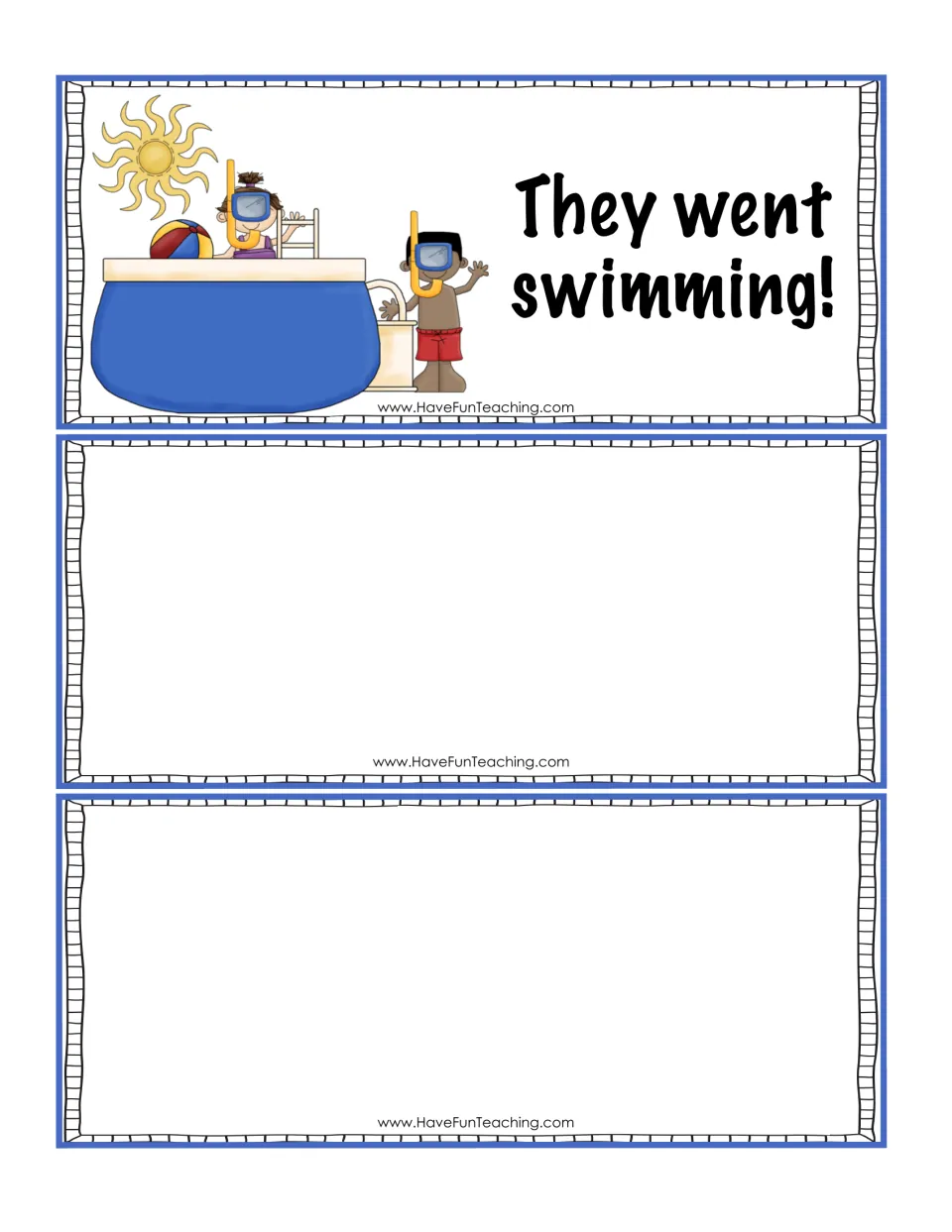 Final swimming story event card, 'They went swimming!', showing Kim and Kenny at the pool, plus two blank cards