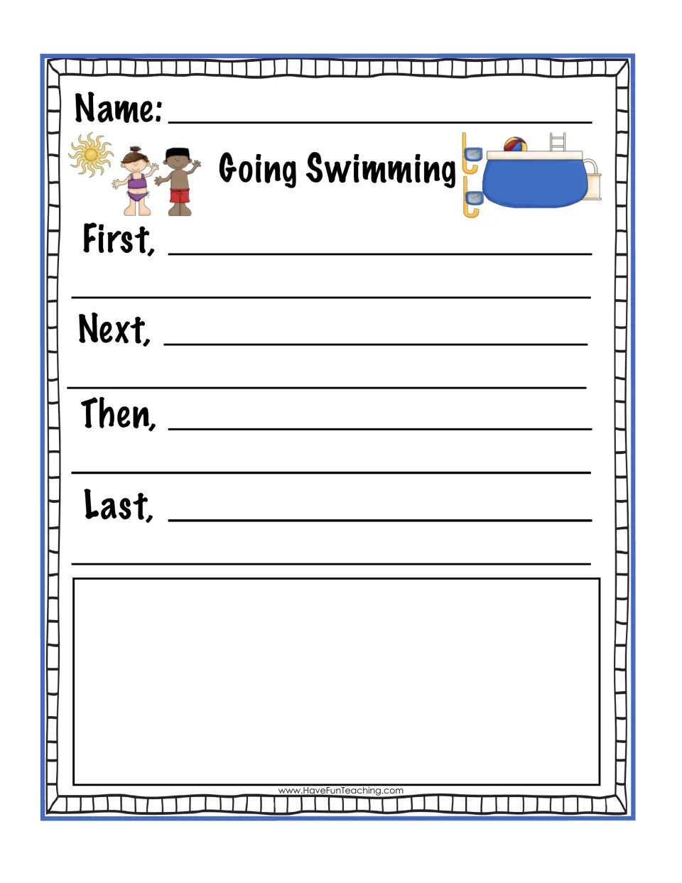 Going Swimming retelling page: students write the story events in order after First, Next, Then and Last sentence starters