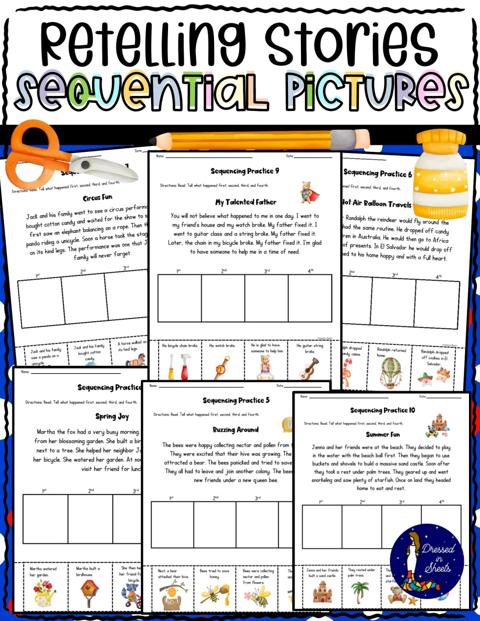 Retelling Stories Sequential Pictures cover: collage of story sequencing pages with picture cards to order 1st to 4th