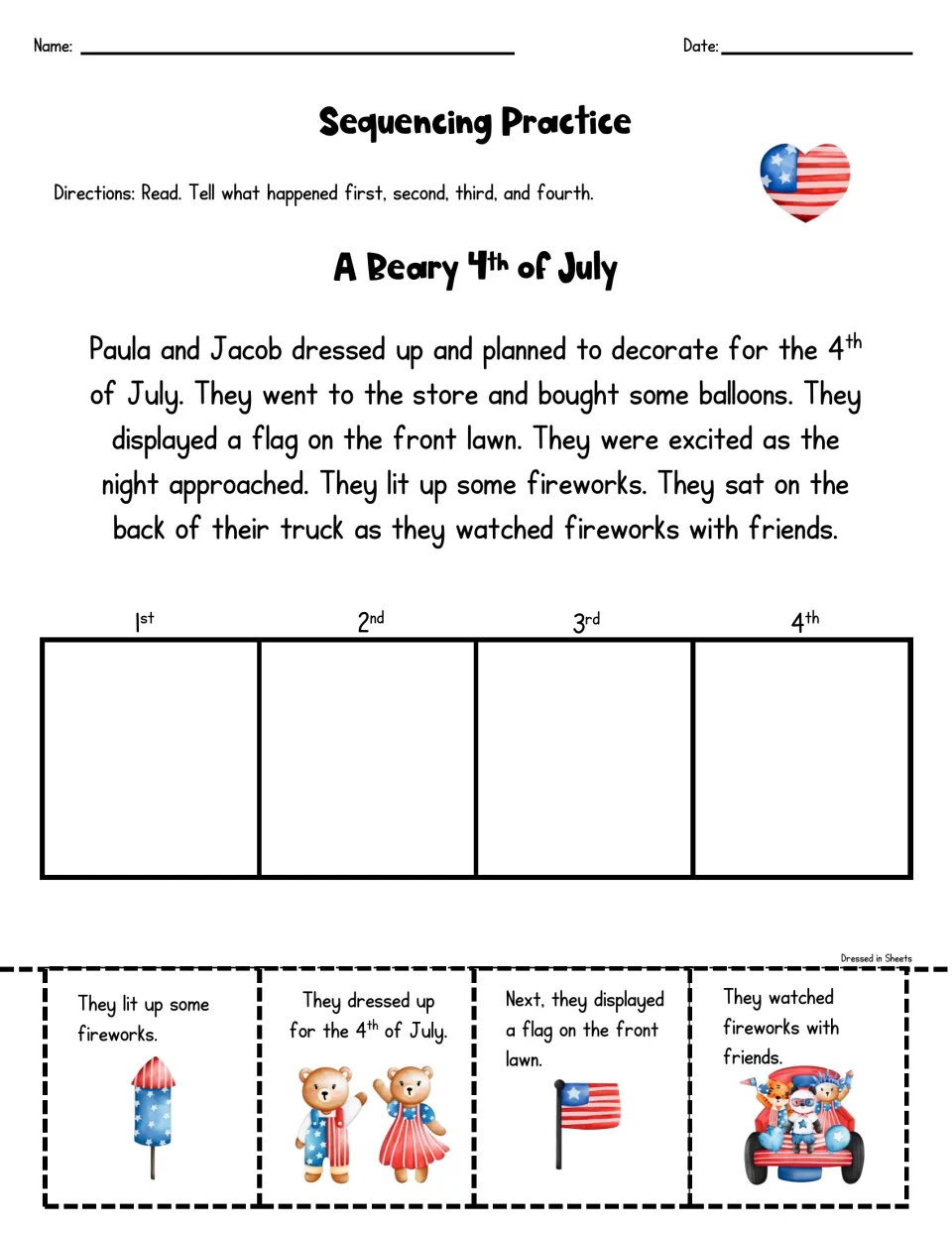 A Beary 4th of July: students read about bears celebrating and order four picture cards, from dressing up to fireworks