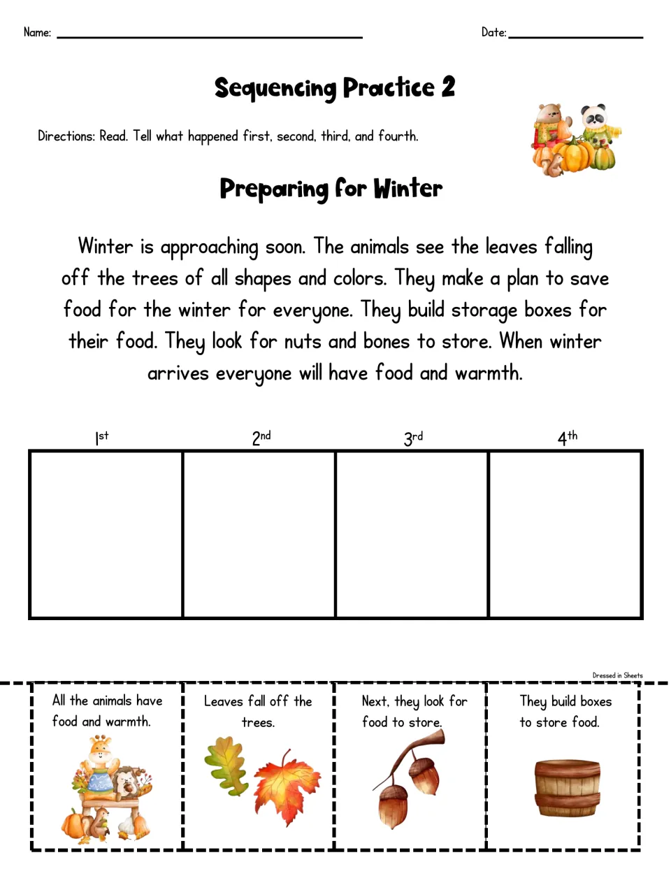 Preparing for Winter: students read an animal story and sequence four cards, from falling leaves to food and warmth