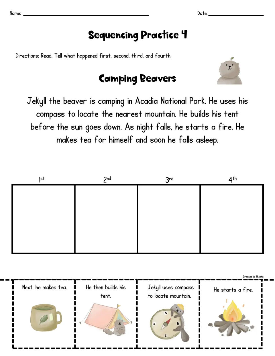 Camping Beavers: students read about Jekyll's trip and sequence cards for compass, tent, campfire and making tea
