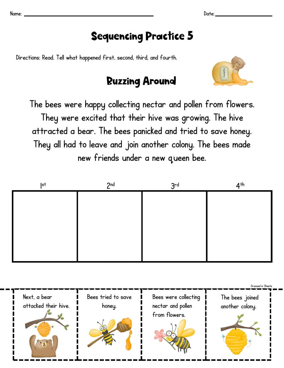 Buzzing Around: students read a bee story and order cards for collecting nectar, a bear at the hive and a new colony