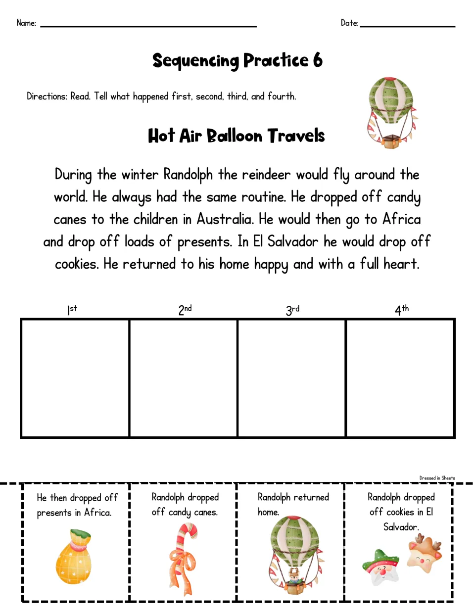 Hot Air Balloon Travels: students read about Randolph's trip and sequence his stops in Australia, Africa and El Salvador