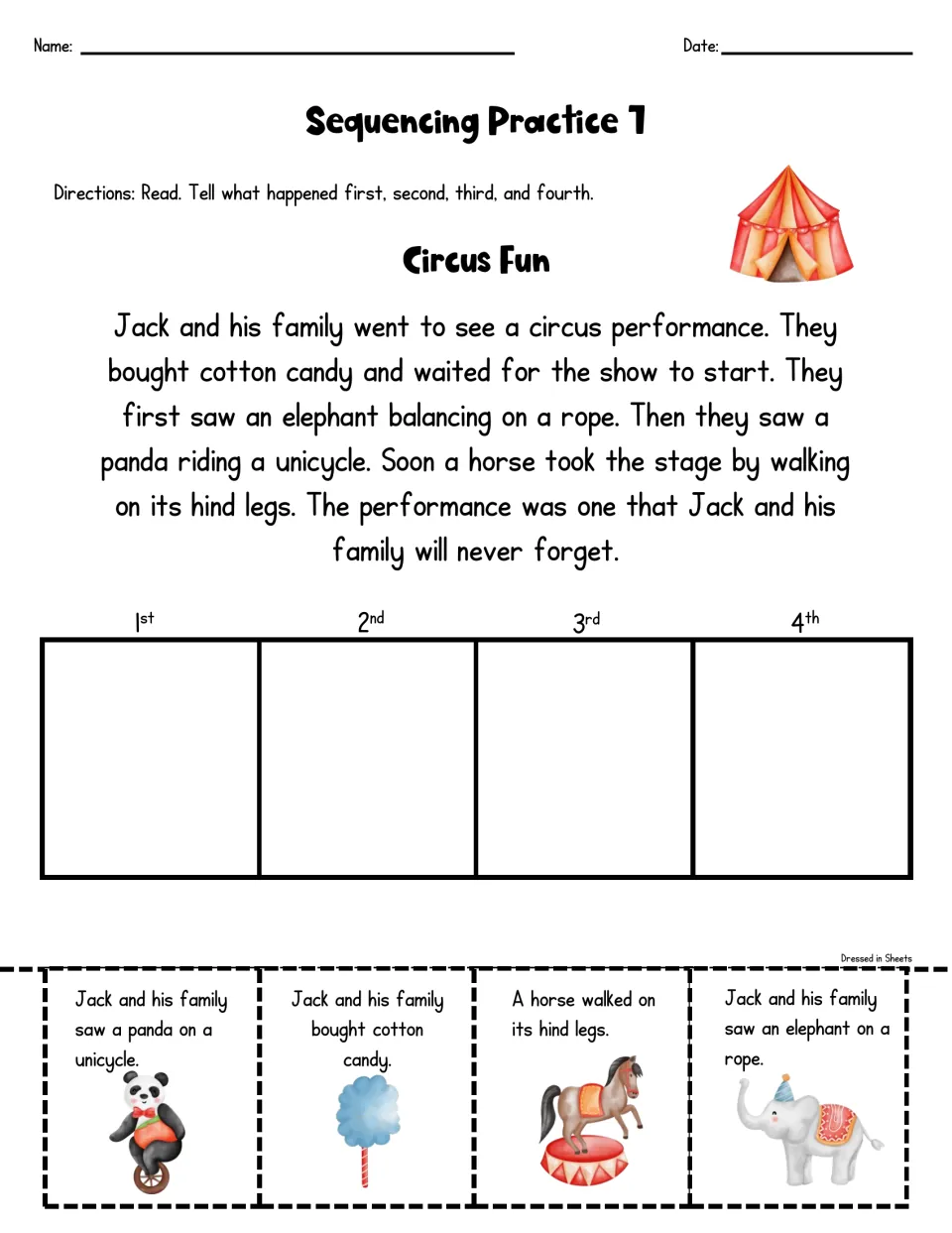 Circus Fun: students read about Jack's family at the circus and order cards for cotton candy, elephant, panda and horse