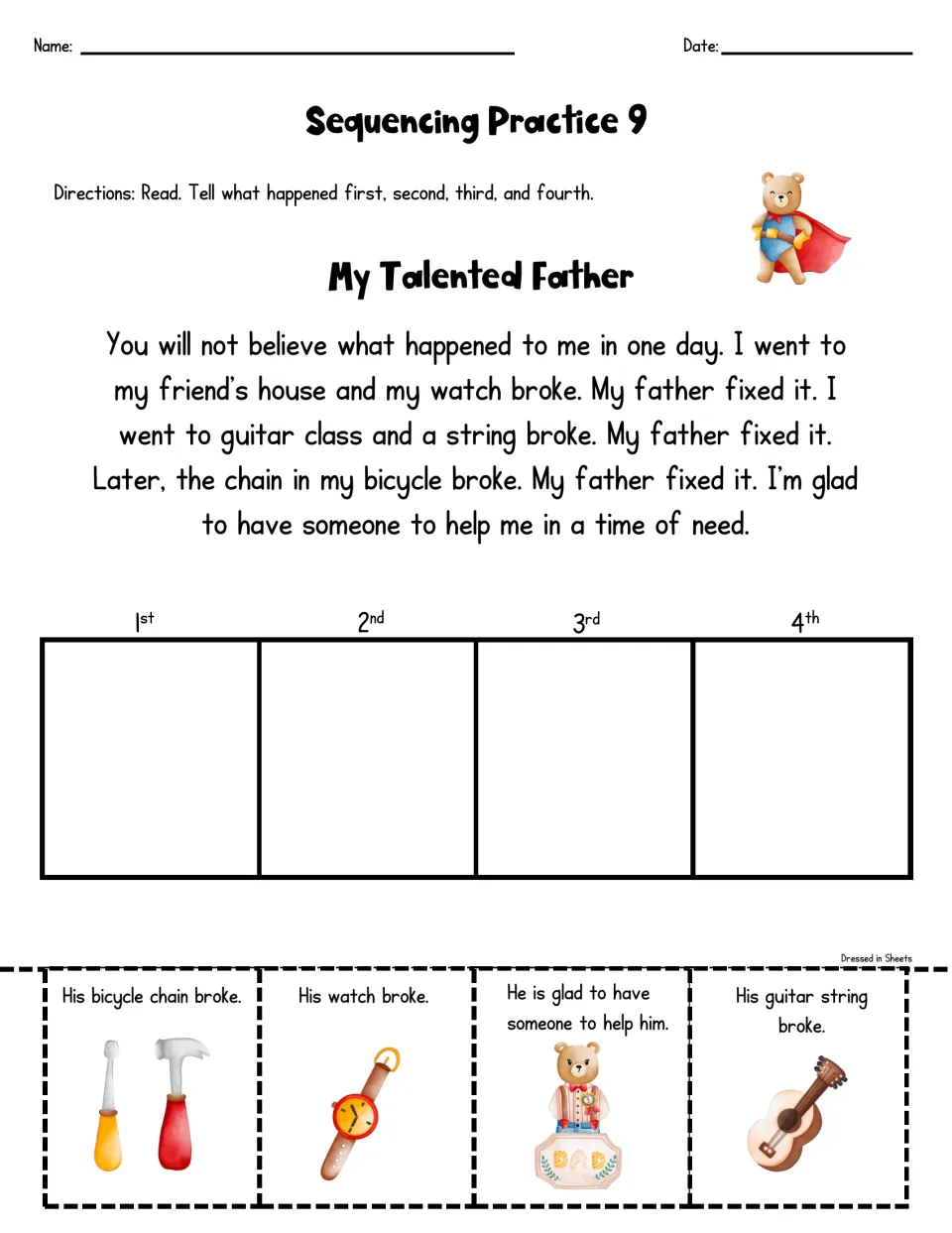 My Talented Father: students read a first-person story and order cards for a broken watch, guitar string and bike chain