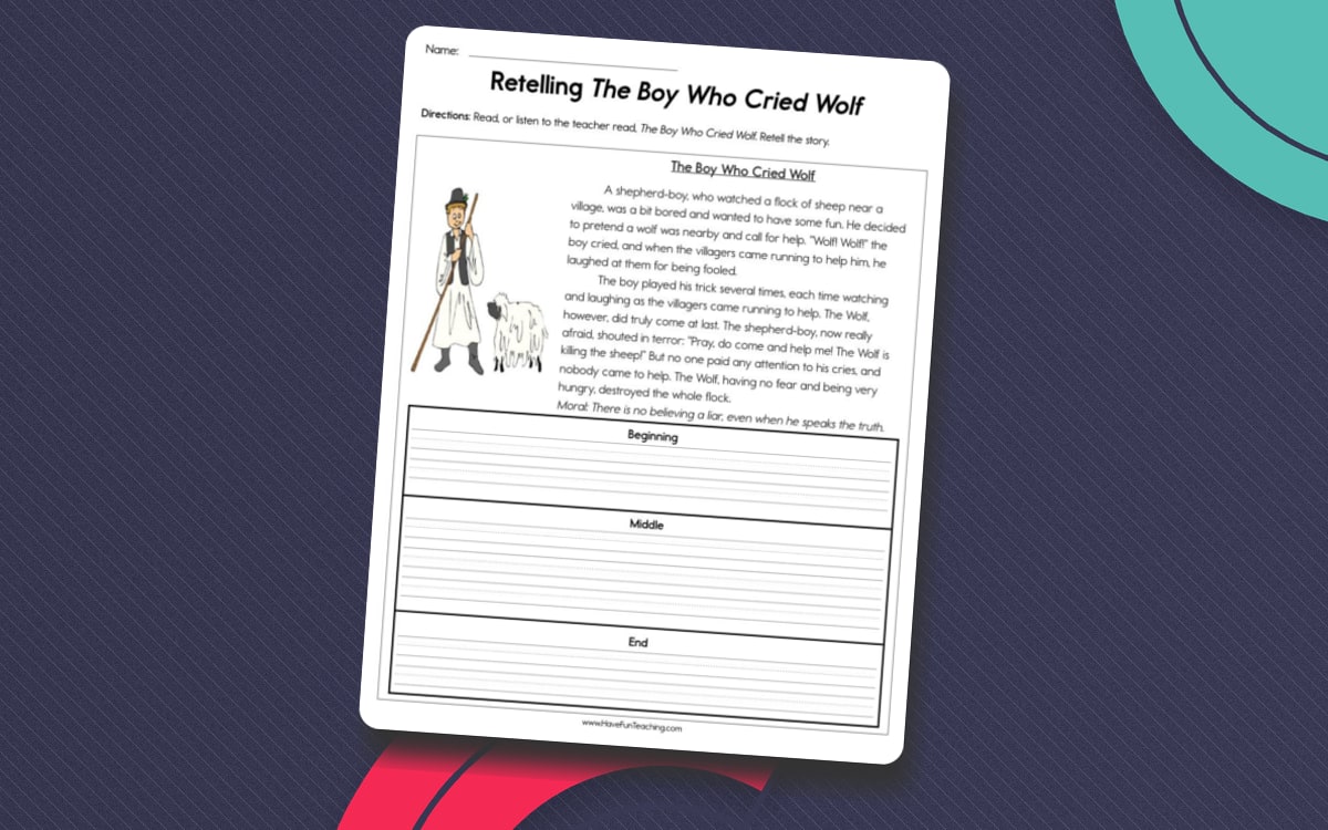Retelling The Boy Who Cried Wolf Worksheet preview: A post-reading prompt tied to the named fable
