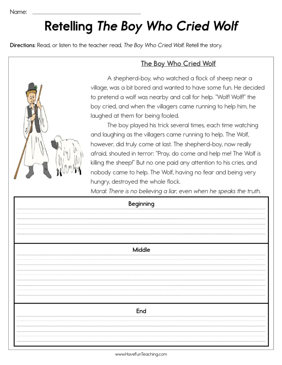 Fable retelling: students read the shepherd-boy story and its moral, then write the beginning, middle and end