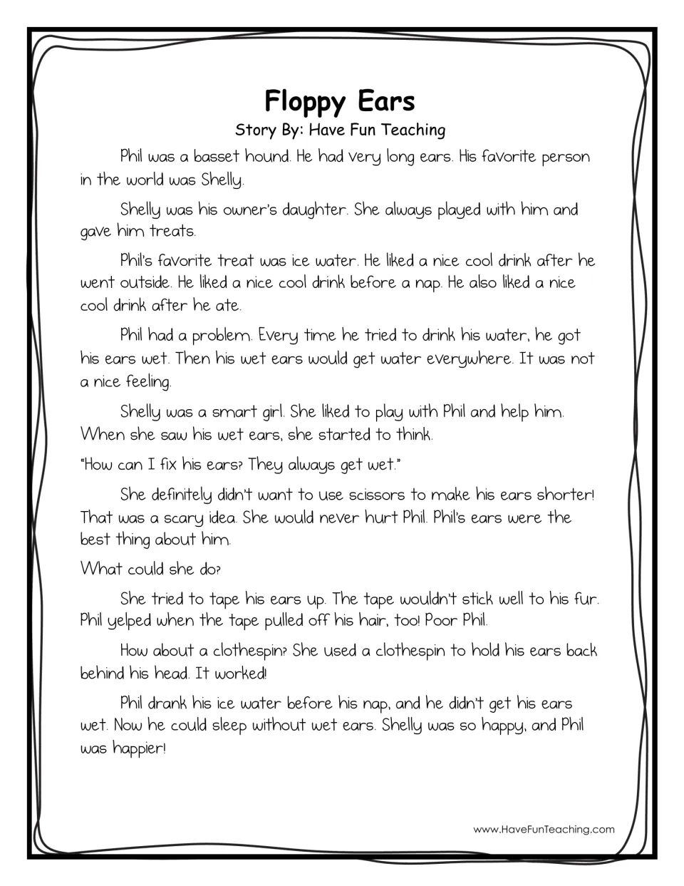 Floppy Ears story: students read how Shelly tries tape, then a clothespin, to keep Phil the basset hound's long ears dry