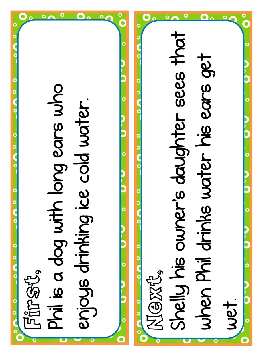 Sequencing cut-out cards labeled First and Next: Phil loves ice cold water, then Shelly sees his long ears get wet