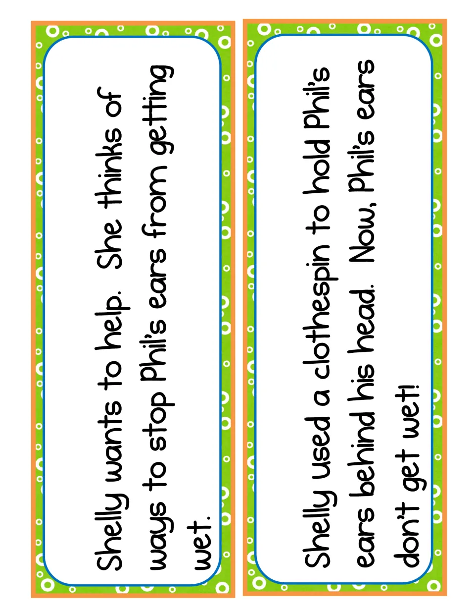 Unlabeled retell cards for the story ending: Shelly thinks of ways to help, then holds Phil's ears back with a clothespin