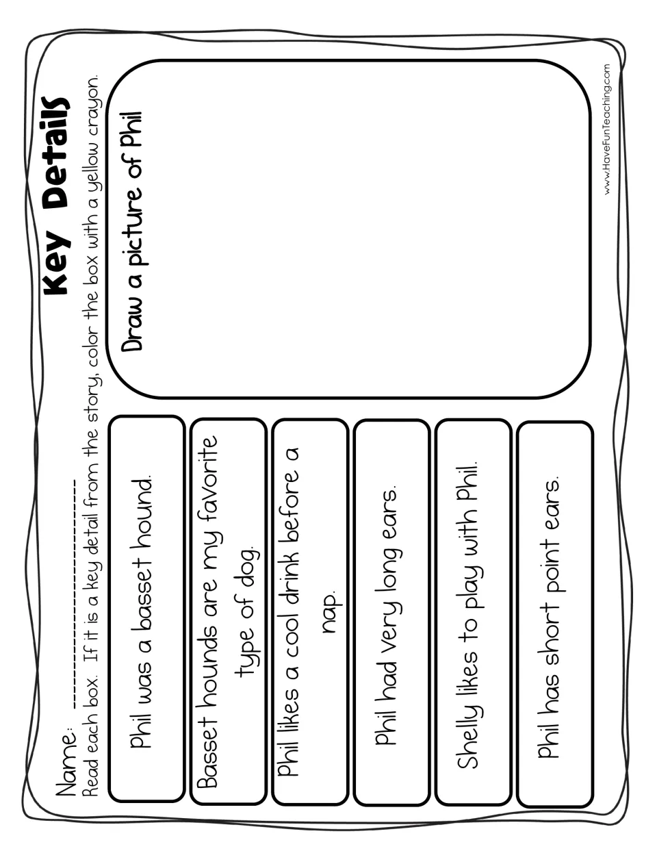 Key Details sort: students color story key details yellow, skip unimportant or untrue ones, and draw a picture of Phil