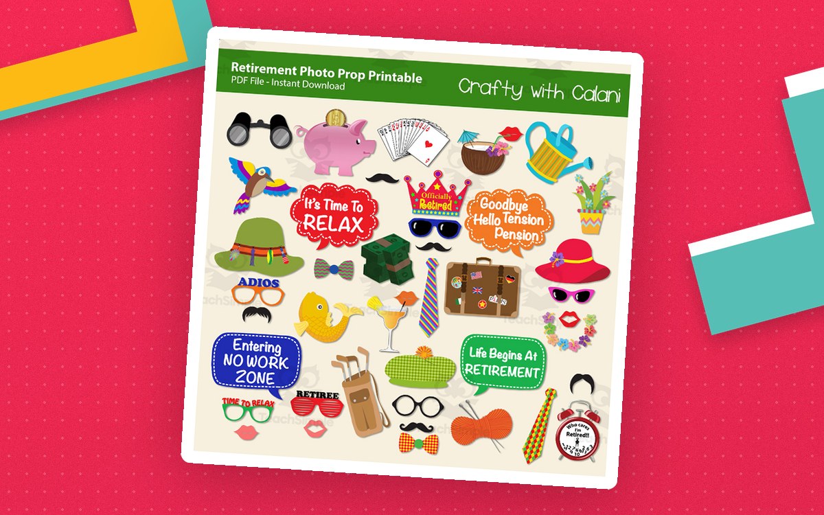 Retirement Party printable photo-booth props cover with colorful cutouts.
