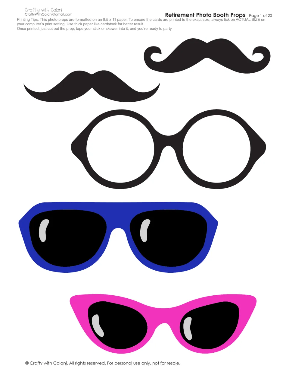 Printing tips and cut-out props: two black mustaches, round black glasses, blue sunglasses and pink cat-eye sunglasses
