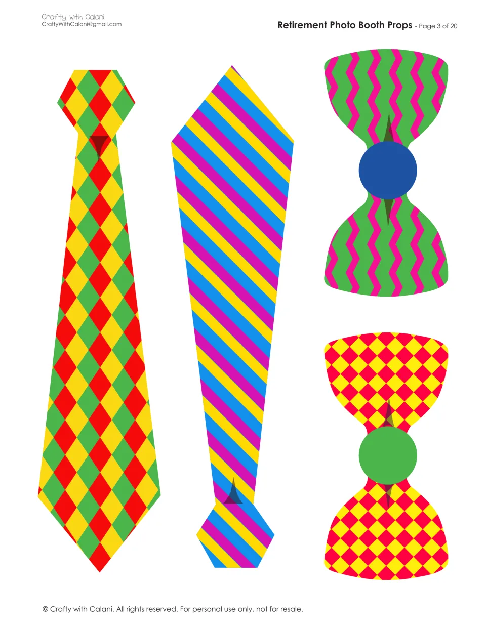 Two patterned neckties, one diamond and one striped, plus two bow ties in zigzag and checked prints to cut out