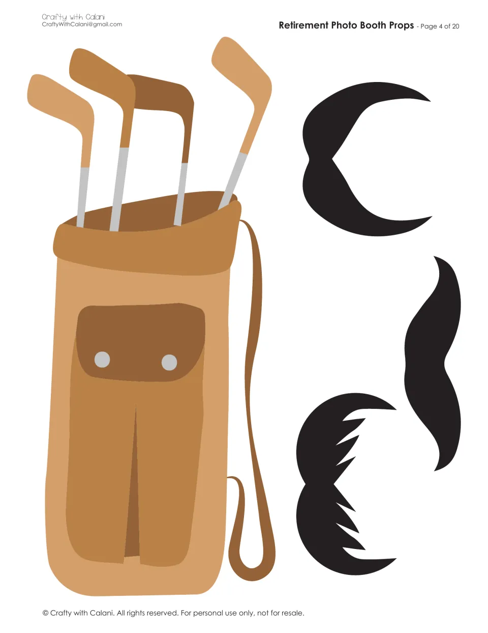 Golf bag holding four clubs beside three black mustaches in curled, bushy and handlebar styles
