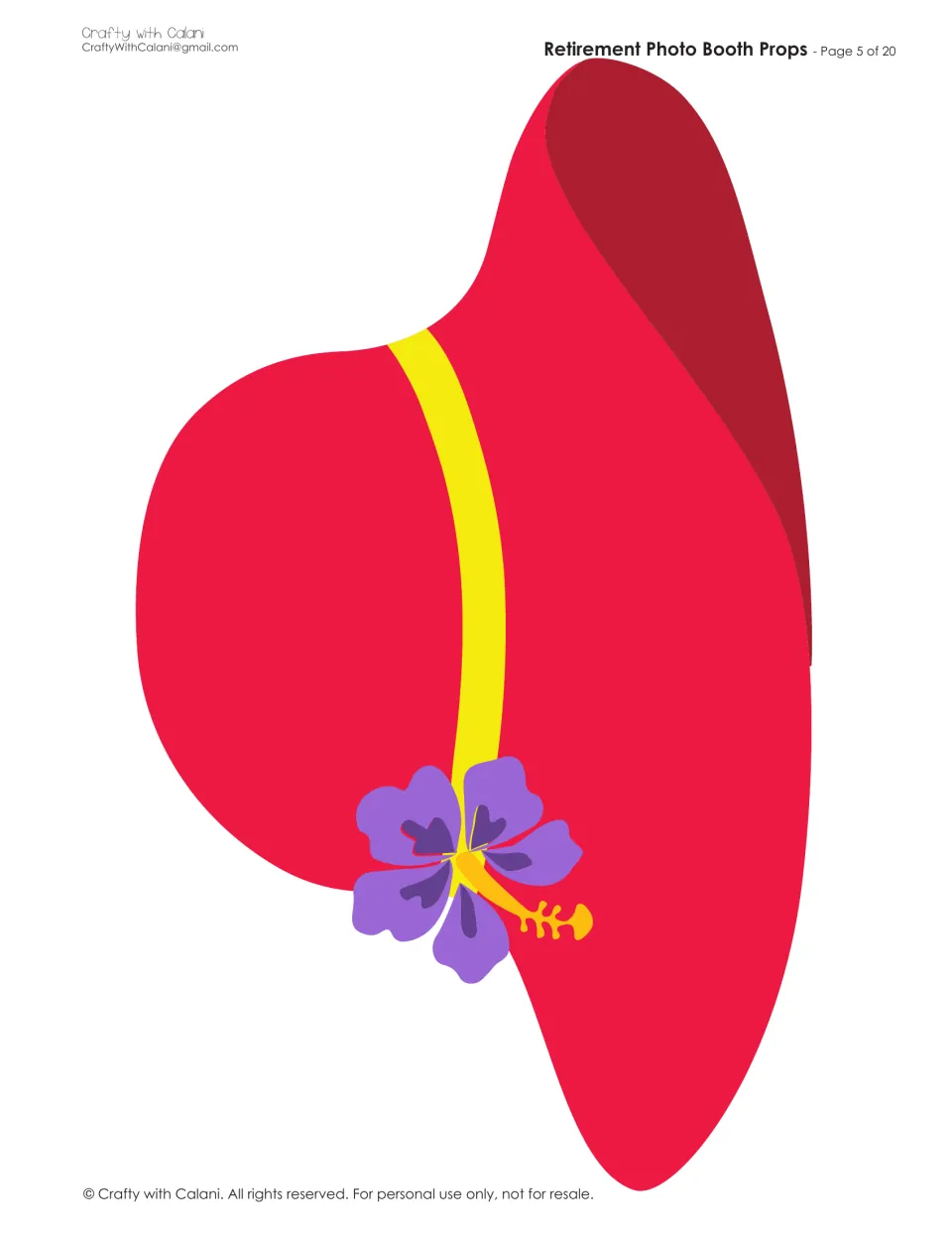Large red sun hat with a yellow band and a purple hibiscus flower, one oversized piece for posing