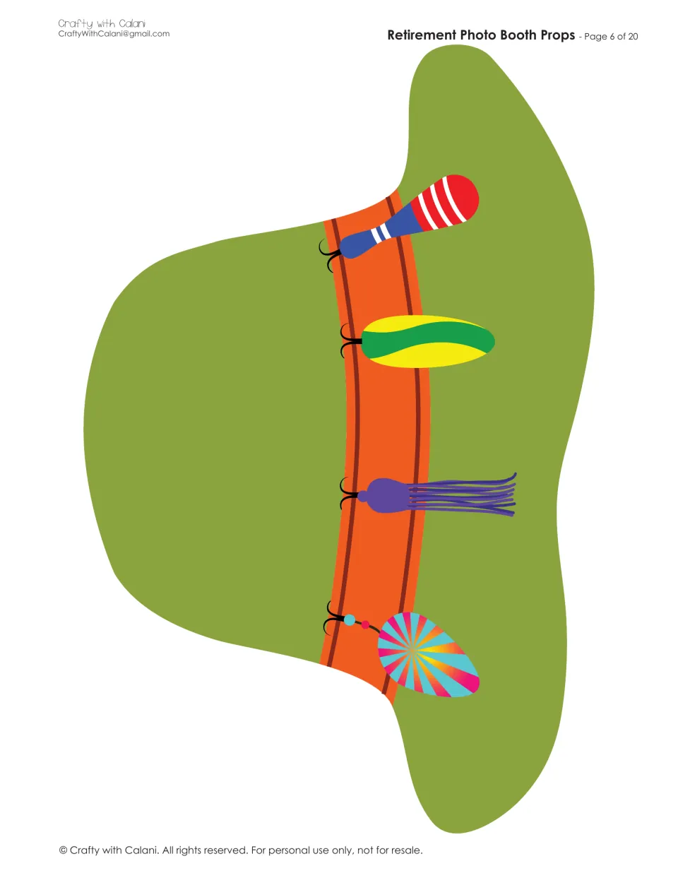 Green fishing hat with an orange band holding four colorful lures, printed as one full-page piece