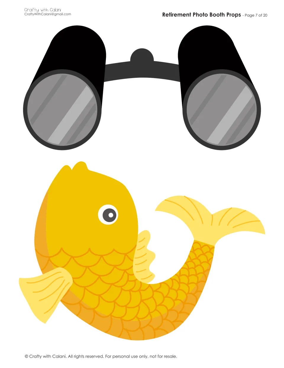 Black binoculars and a golden yellow fish with scales and a curled tail, two hobby-themed props