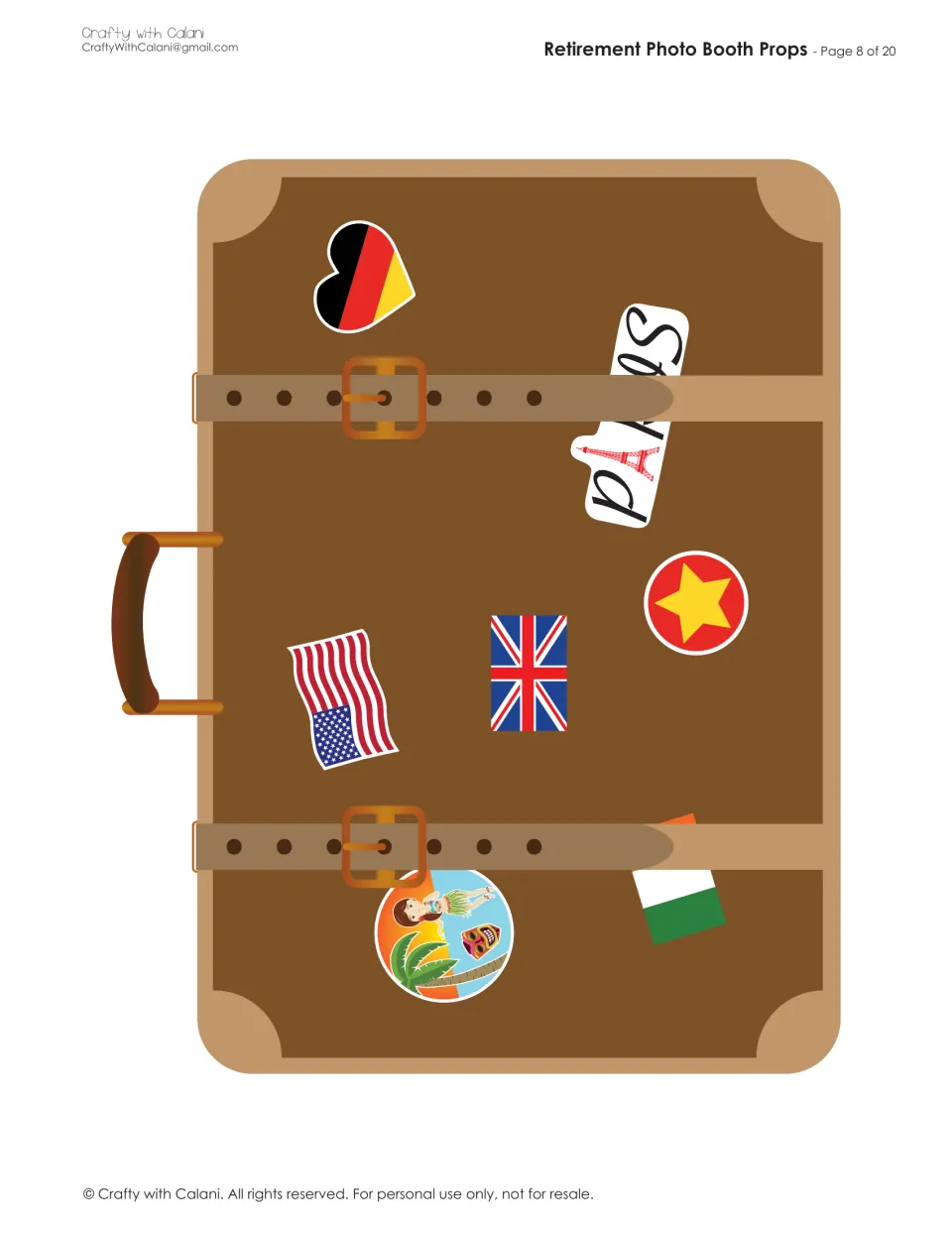 Brown suitcase covered in travel stickers: Paris, U.S. and U.K. flags, a German heart and a tropical beach badge