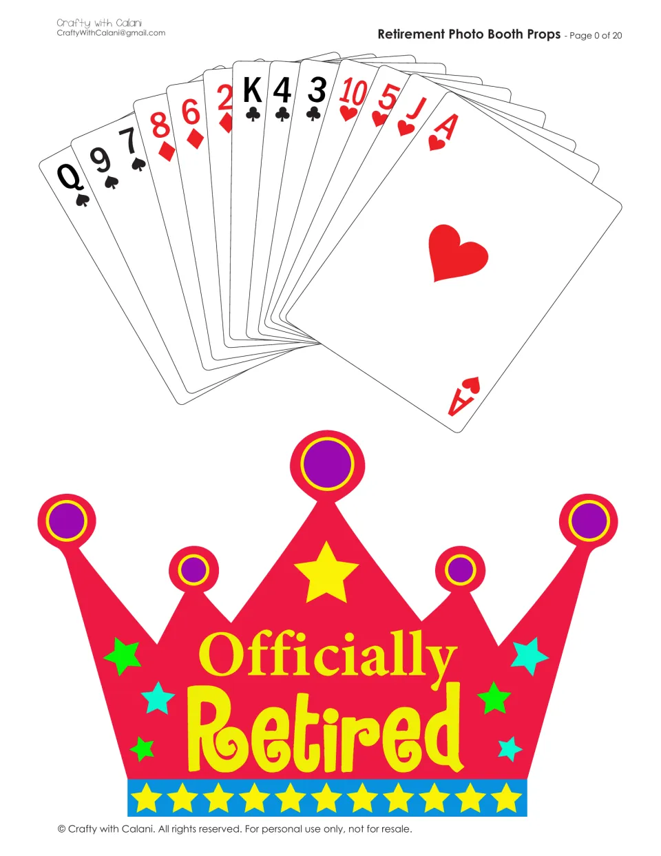 Fanned hand of playing cards led by the ace of hearts, and a red crown reading Officially Retired with yellow stars