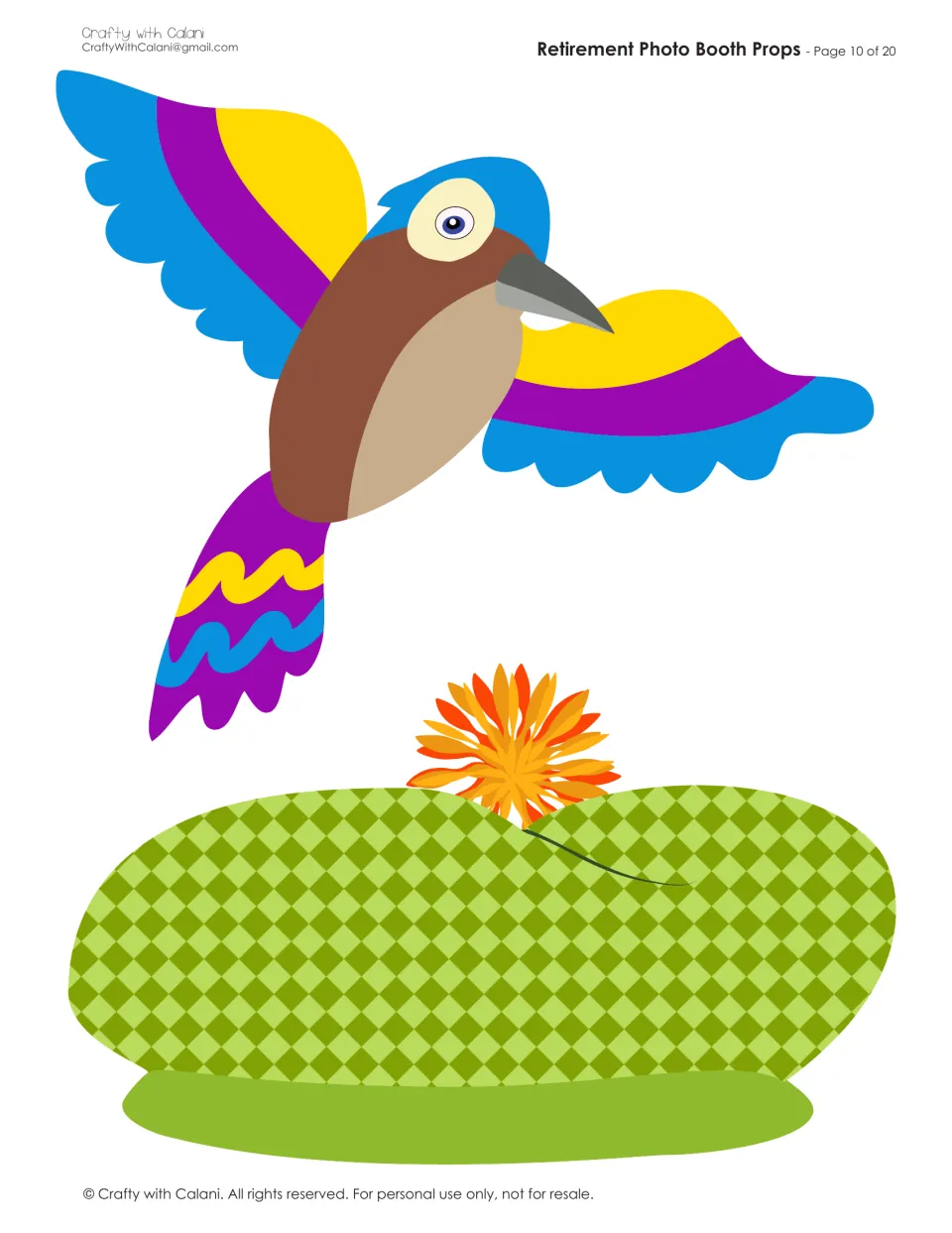 Colorful bird with blue, purple and yellow wings above a green checked hat topped with an orange flower