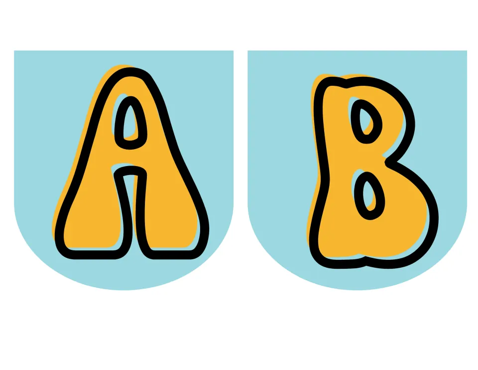Retro banner letters A and B: two light blue pennants, each with a groovy orange bubble letter outlined in black