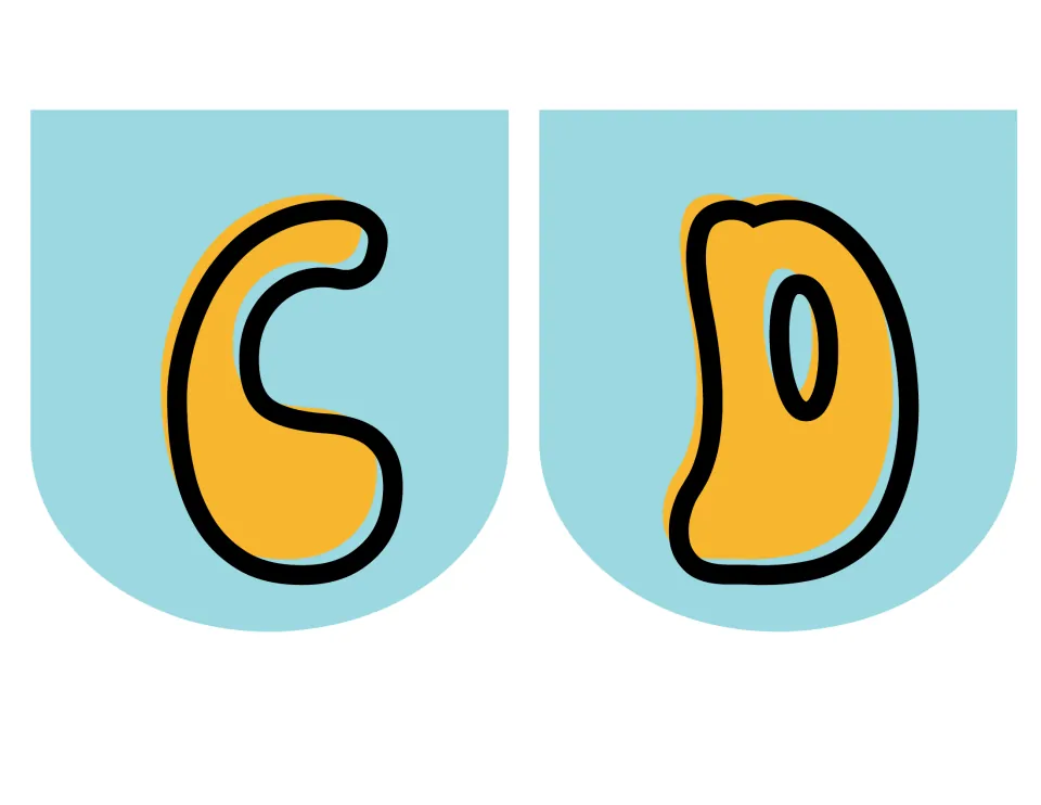 Pennant letters C and D in a wavy 70s bubble font, orange with thick black outlines on light blue rounded flags