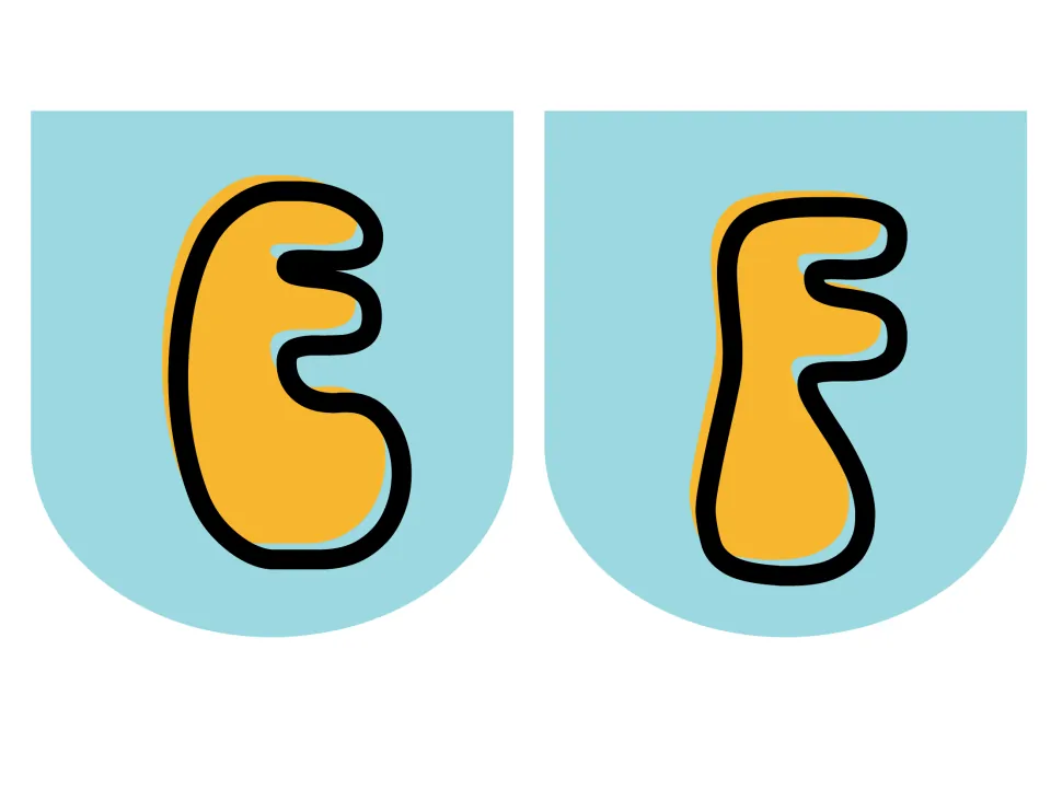 Letters E and F for a retro banner: chunky orange groovy capitals outlined in black on two light blue pennants
