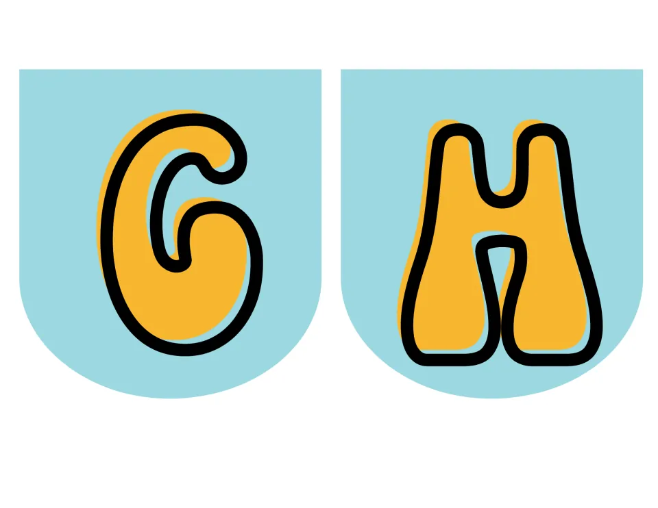 Groovy pennant letters G and H, each a rounded orange capital with a black outline and slight shadow on light blue