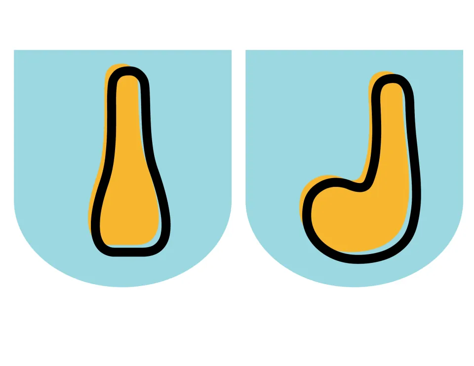 Banner pennants for I and J: tall orange 70s-style letters with flared bases, outlined in black on light blue flags