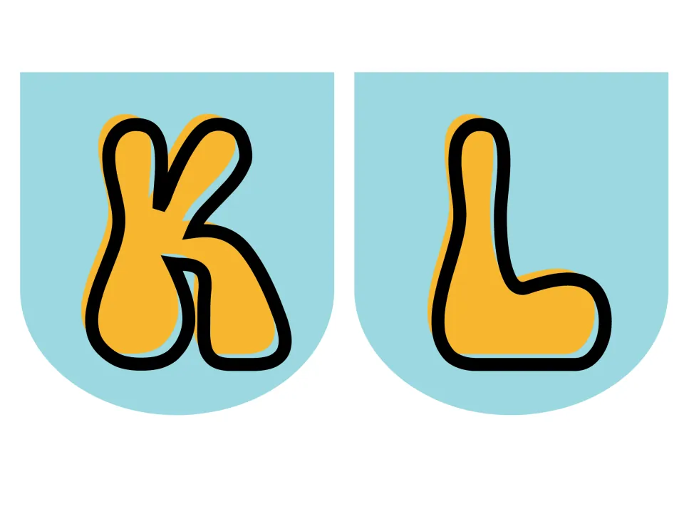 Letters K and L in a bubbly retro typeface, orange with bold black outlines, one per light blue rounded pennant