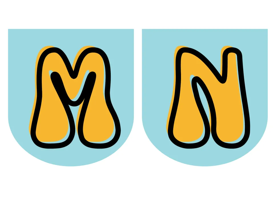Retro pennants M and N showing soft, puffy orange capital letters outlined in black against a light blue background