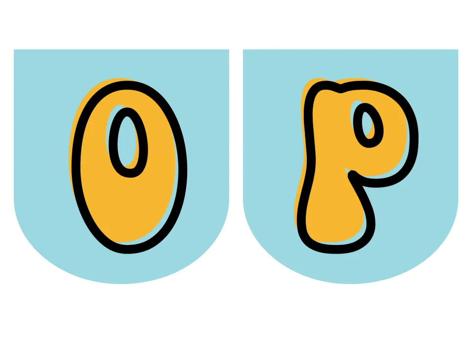 Banner letters O and P: rounded orange 70s capitals with black outlines and offset shadows on two light blue pennants