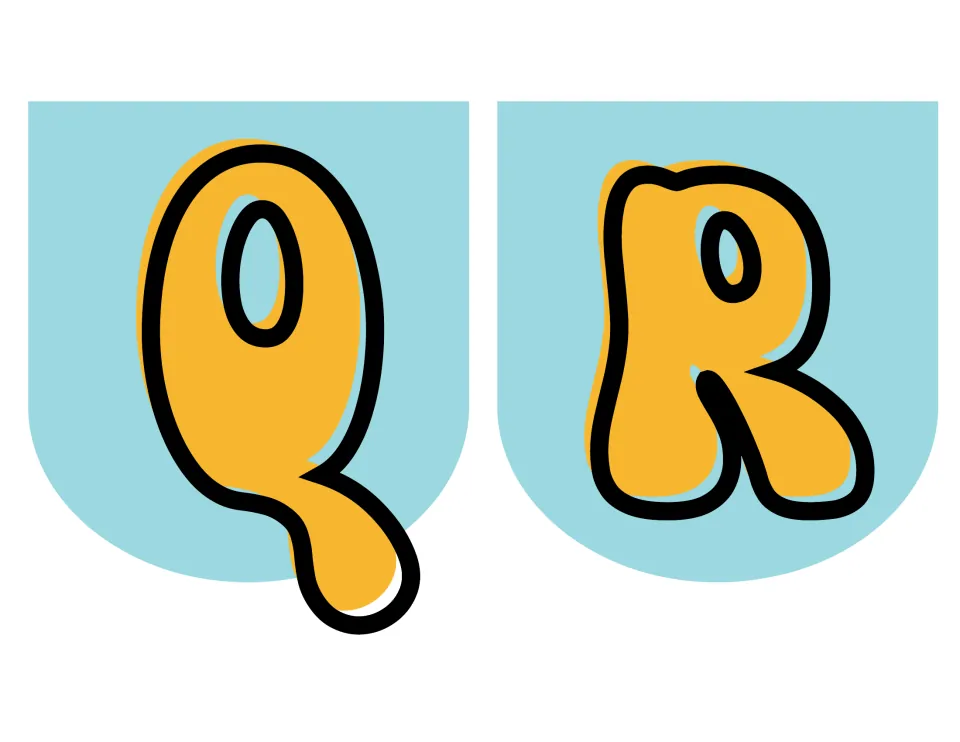 Pennant letters Q and R in groovy orange bubble type outlined in black; the tail of the Q dips below its light blue flag