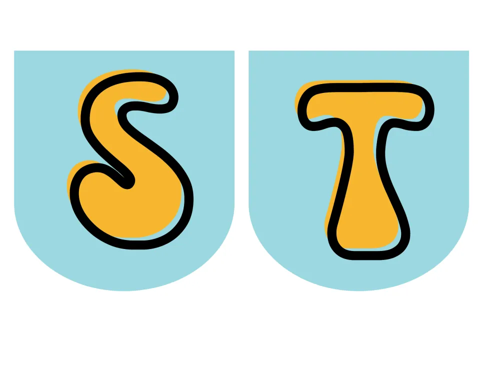 Letters S and T for the retro banner, each a wavy orange capital with a thick black outline on a light blue pennant