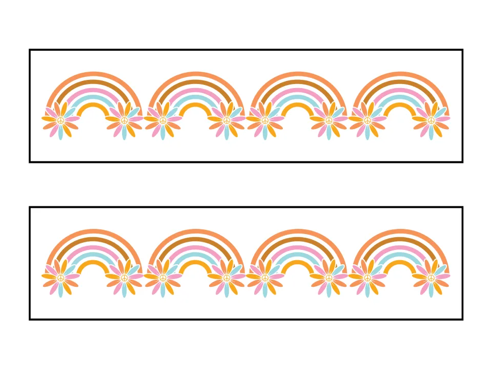 Retro rainbow and daisy border strips: two pieces repeating four rainbows with peace-sign flowers at each end