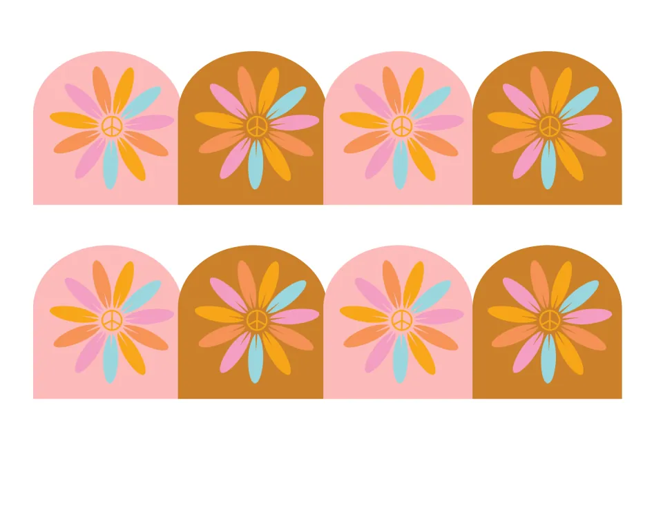 Groovy flower arch border strips: pink and brown arches alternating, each holding a daisy with a peace-sign center