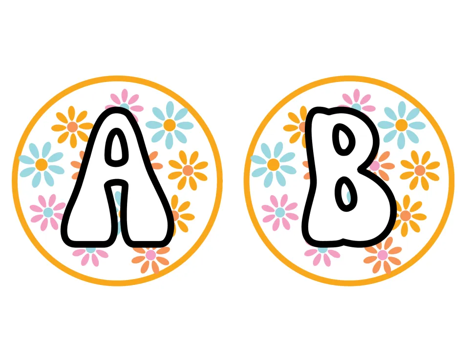 Retro bulletin board letters A and B: bubble-font capitals on round daisy-print cutouts in pink, blue and orange