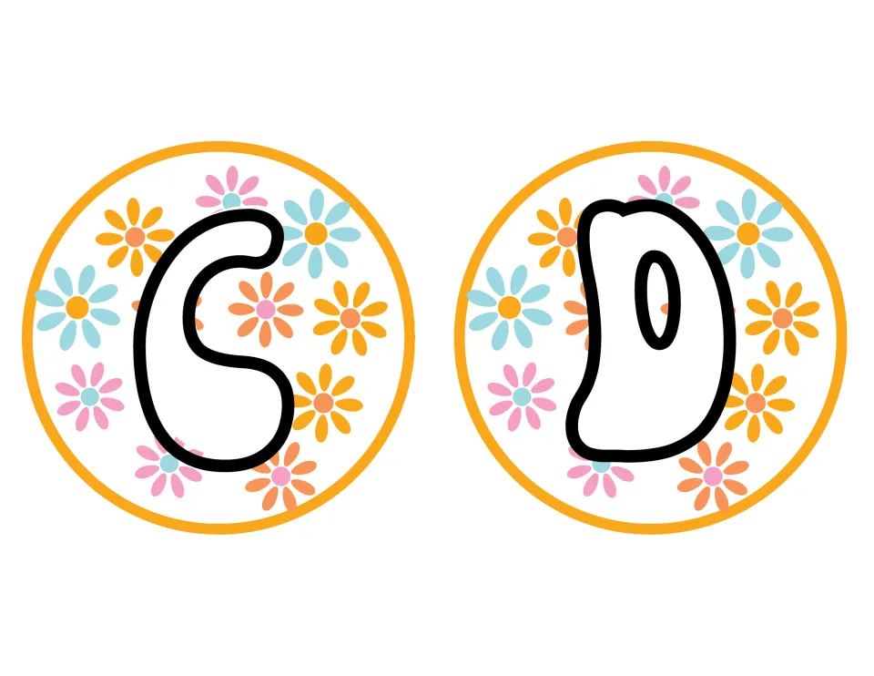 Retro display letters C and D in white groovy bubble font, each set on a round cutout of pastel 70s daisies