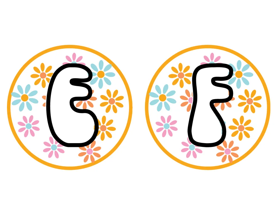 Groovy letters E and F for a bulletin board, white rounded capitals over pink, blue and orange daisy circles