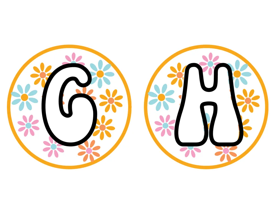 Bulletin board letters G and H in a chunky 70s-style font, each on a round cutout scattered with pastel daisies