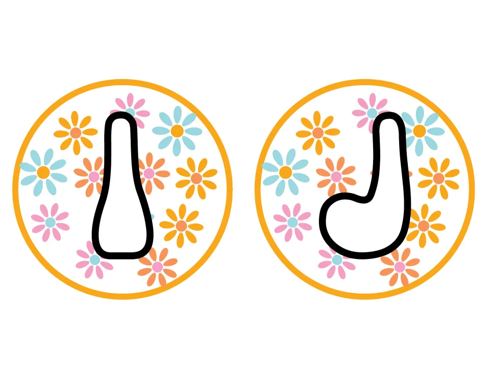 Retro capital letters I and J in white outlined bubble lettering, printed on two round daisy-pattern cutouts