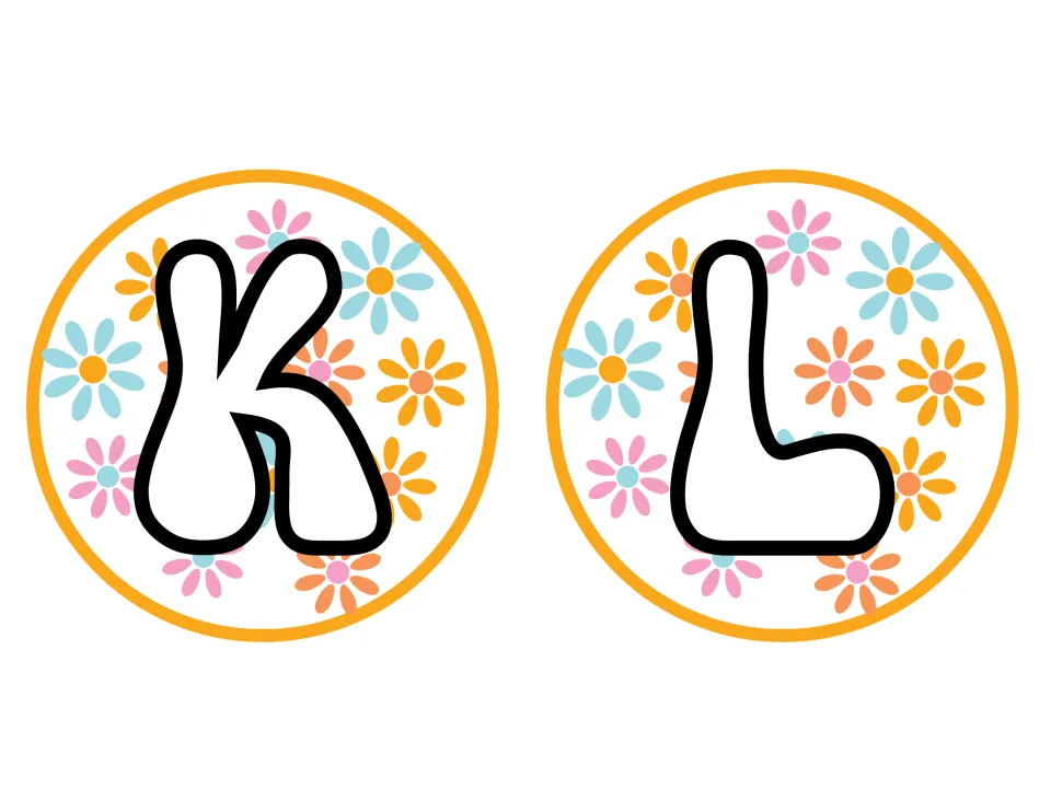 Flower-power letters K and L for display titles: white bubble capitals on round cutouts with pink and blue daisies