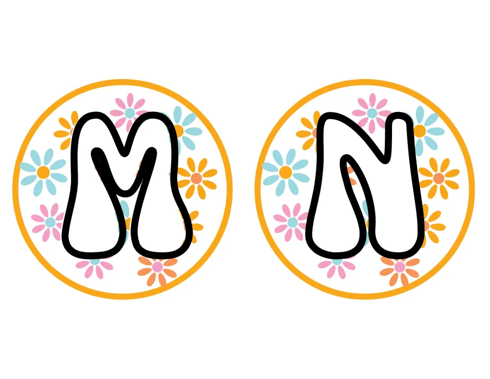 Letters M and N in a groovy rounded typeface, white with black outline, each on a round orange-rimmed daisy cutout
