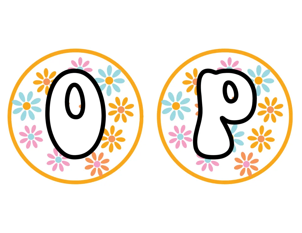Retro wall letters O and P: puffy white capitals set on round cutouts patterned with pastel pink, blue and orange daisies