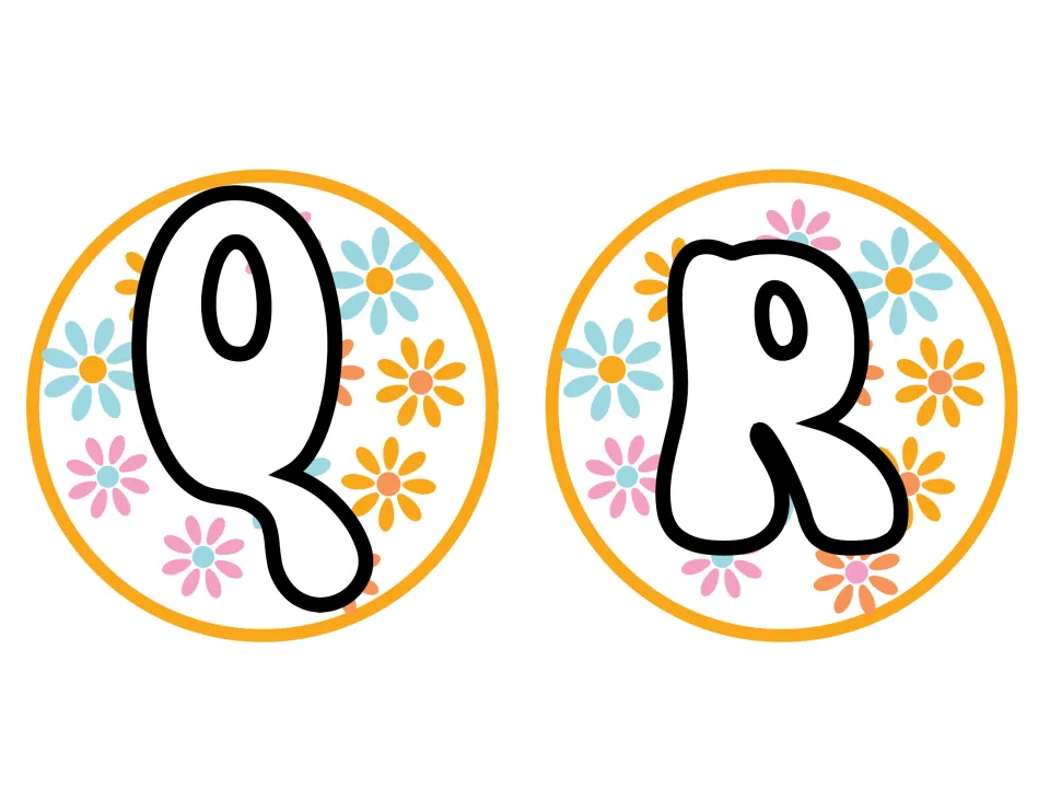 Display letters Q and R in a 70s bubble font, white outlined capitals over round daisy cutouts, with Q's tail extending